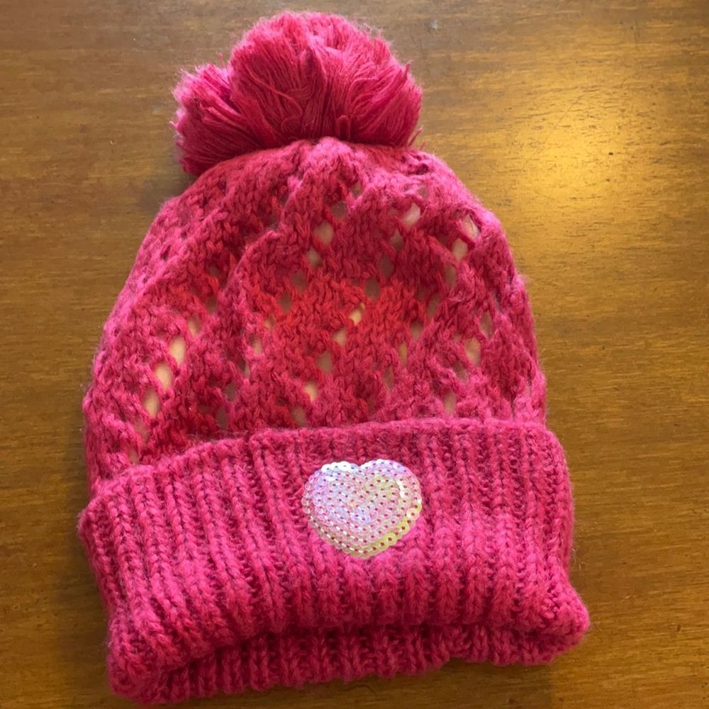 Pink Chuns Knit Beanie with Pompom and Sequin Heart